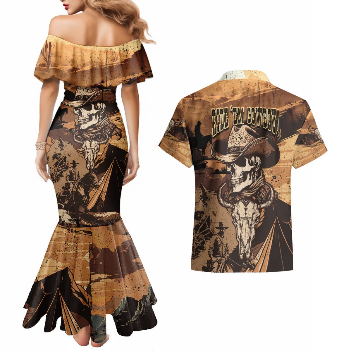 Skull Cowboy Couples Matching Mermaid Dress and Hawaiian Shirt Rise Em Cowboy - Wonder Print Shop