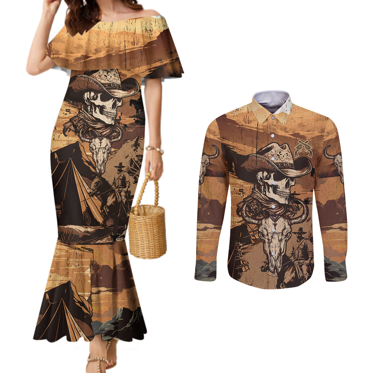 skull-cowboy-couples-matching-mermaid-dress-and-long-sleeve-button-shirts-rise-em-cowboy