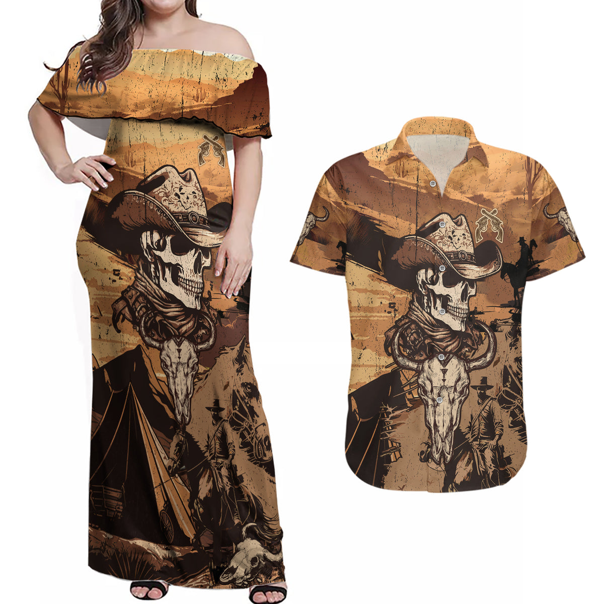 Skull Cowboy Couples Matching Off Shoulder Maxi Dress and Hawaiian Shirt Rise Em Cowboy - Wonder Print Shop