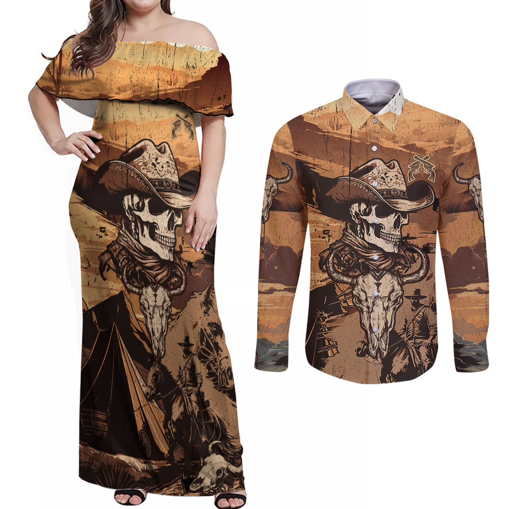 Skull Cowboy Couples Matching Off Shoulder Maxi Dress and Long Sleeve Button Shirts Rise Em Cowboy - Wonder Print Shop