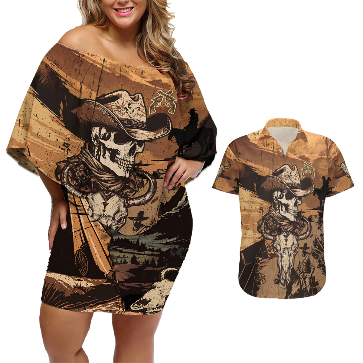 Skull Cowboy Couples Matching Off Shoulder Short Dress and Hawaiian Shirt Rise Em Cowboy - Wonder Print Shop