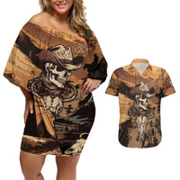 Skull Cowboy Couples Matching Off Shoulder Short Dress and Hawaiian Shirt Rise Em Cowboy - Wonder Print Shop