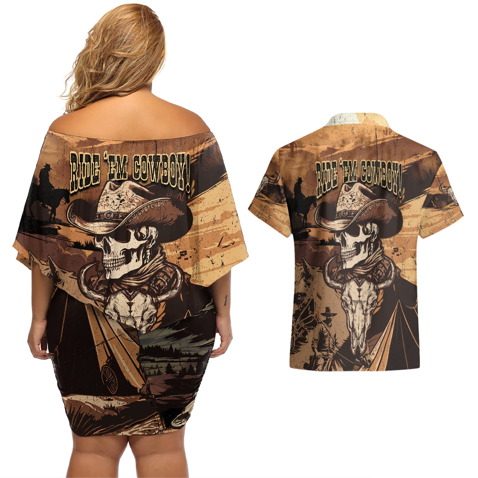 Skull Cowboy Couples Matching Off Shoulder Short Dress and Hawaiian Shirt Rise Em Cowboy - Wonder Print Shop