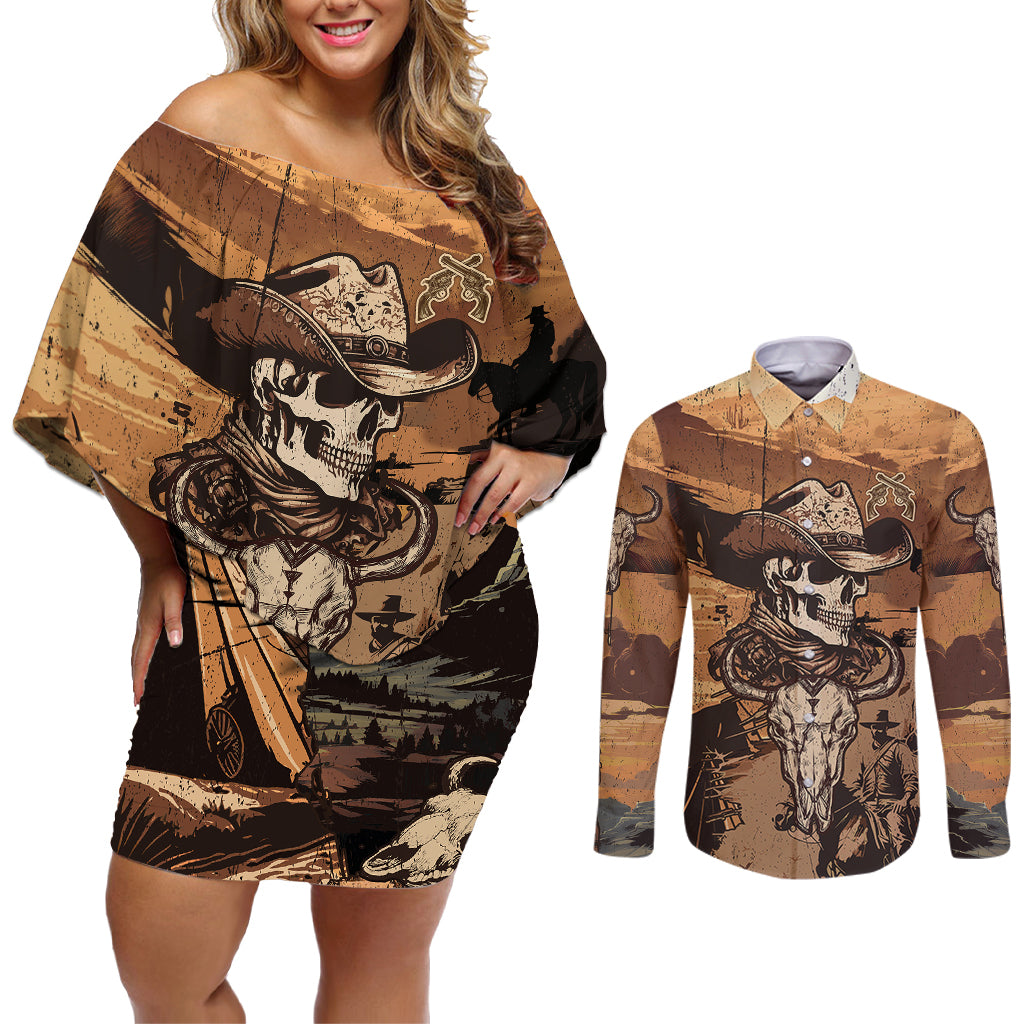 Skull Cowboy Couples Matching Off Shoulder Short Dress and Long Sleeve Button Shirts Rise Em Cowboy - Wonder Print Shop