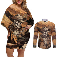 Skull Cowboy Couples Matching Off Shoulder Short Dress and Long Sleeve Button Shirts Rise Em Cowboy - Wonder Print Shop