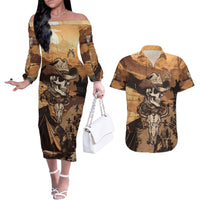Skull Cowboy Couples Matching Off The Shoulder Long Sleeve Dress and Hawaiian Shirt Rise Em Cowboy - Wonder Print Shop