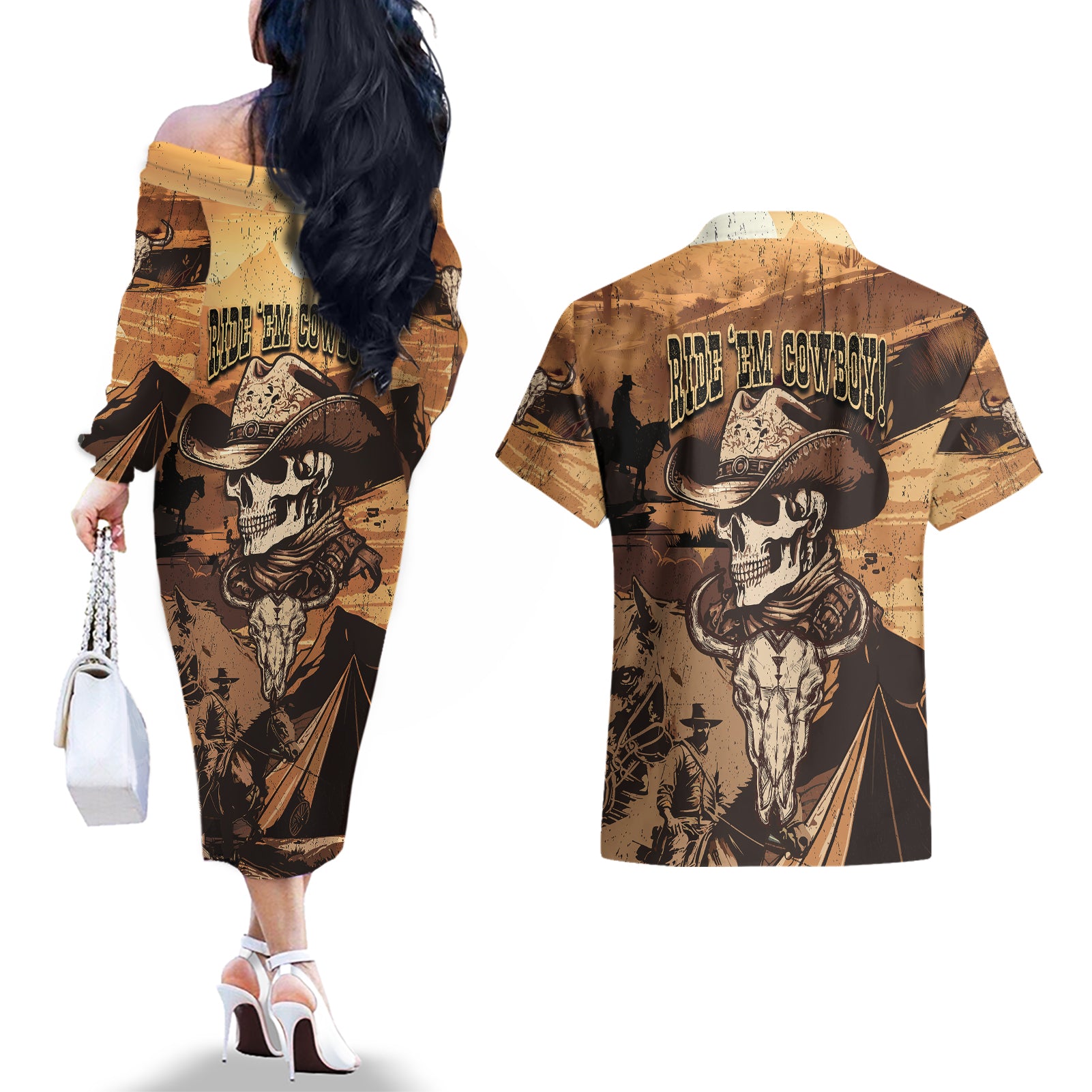 Skull Cowboy Couples Matching Off The Shoulder Long Sleeve Dress and Hawaiian Shirt Rise Em Cowboy - Wonder Print Shop