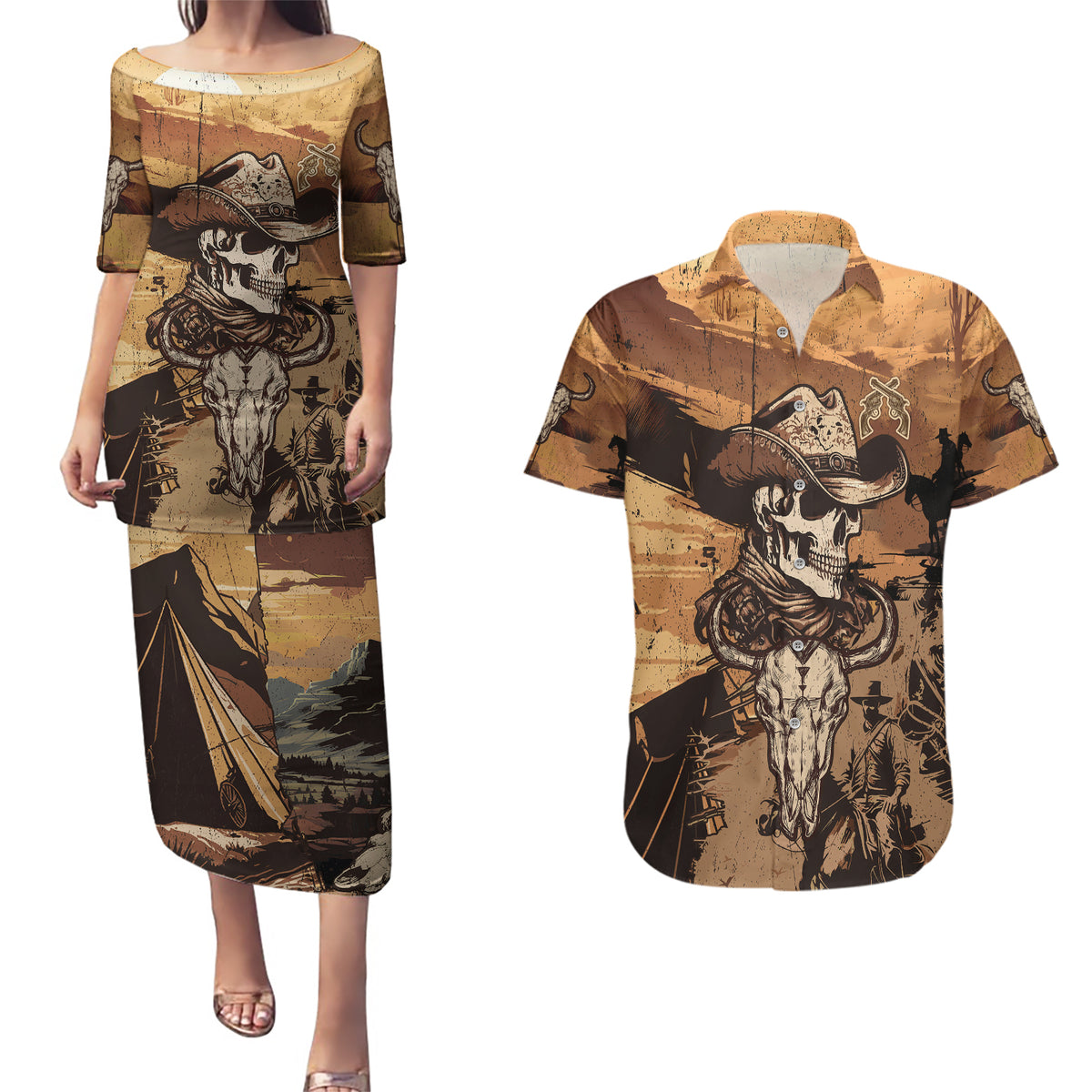 Skull Cowboy Couples Matching Puletasi Dress and Hawaiian Shirt Rise Em Cowboy - Wonder Print Shop
