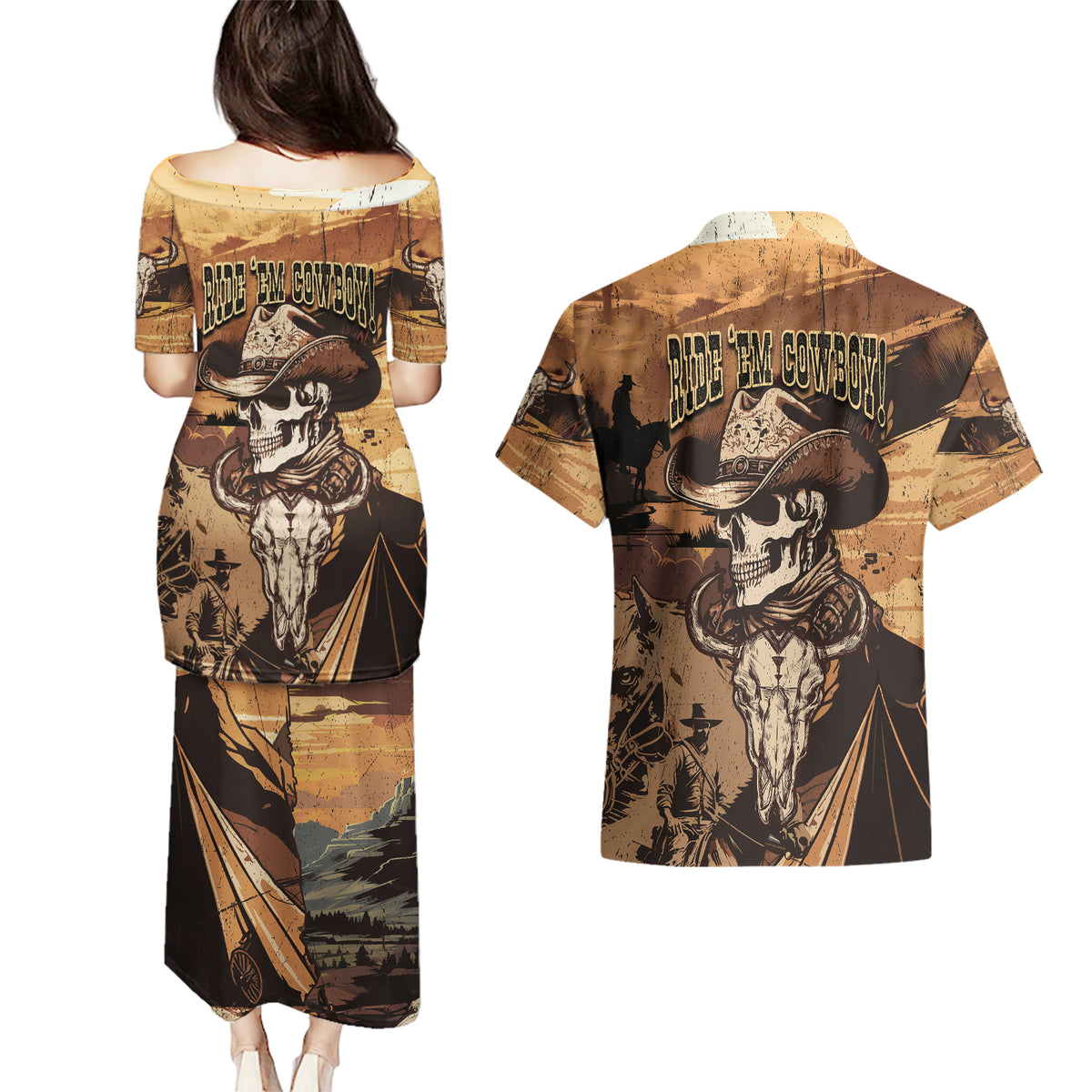Skull Cowboy Couples Matching Puletasi Dress and Hawaiian Shirt Rise Em Cowboy - Wonder Print Shop