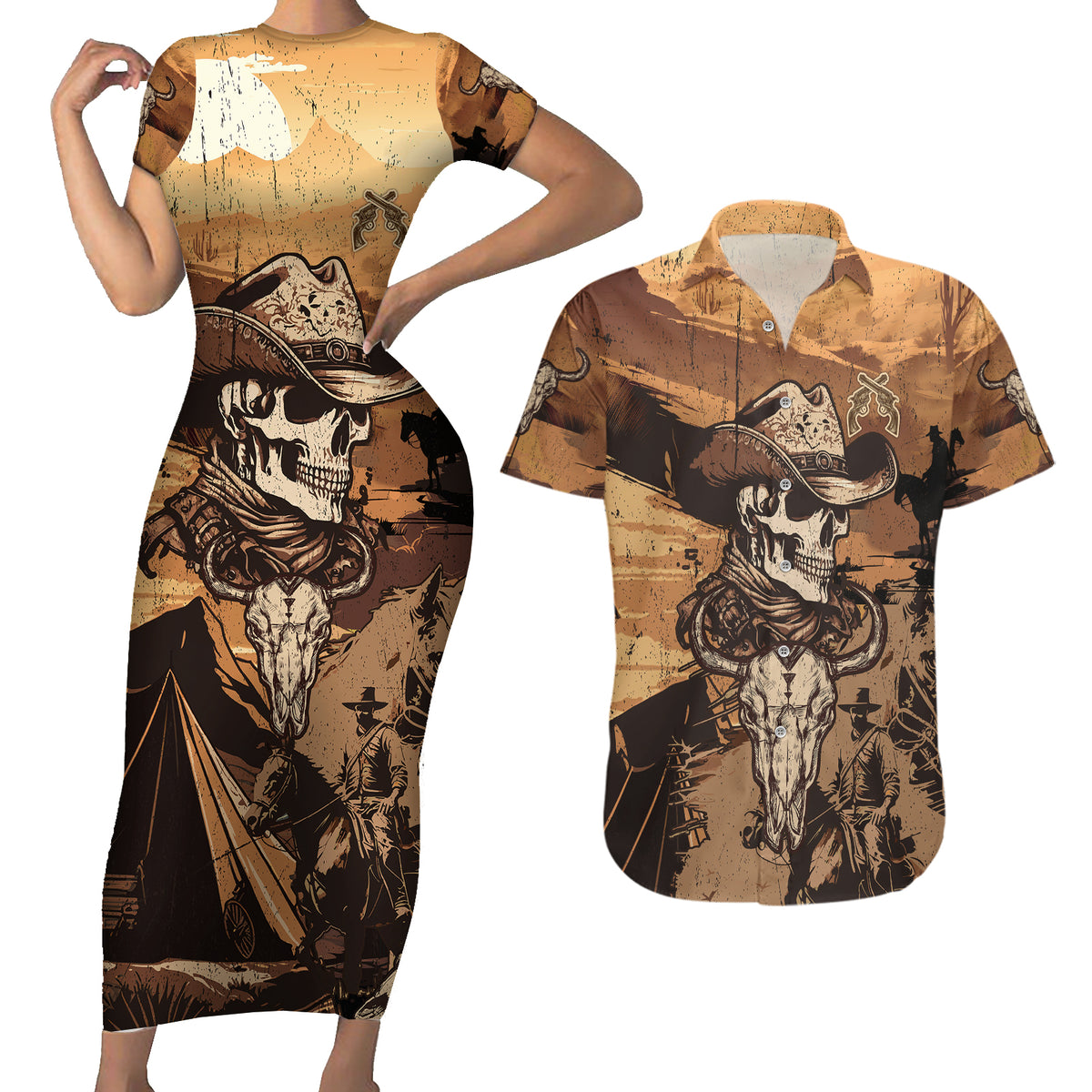 Skull Cowboy Couples Matching Short Sleeve Bodycon Dress and Hawaiian Shirt Rise Em Cowboy - Wonder Print Shop
