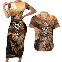 Skull Cowboy Couples Matching Short Sleeve Bodycon Dress and Hawaiian Shirt Rise Em Cowboy - Wonder Print Shop