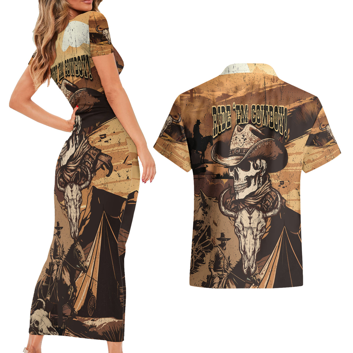 Skull Cowboy Couples Matching Short Sleeve Bodycon Dress and Hawaiian Shirt Rise Em Cowboy - Wonder Print Shop
