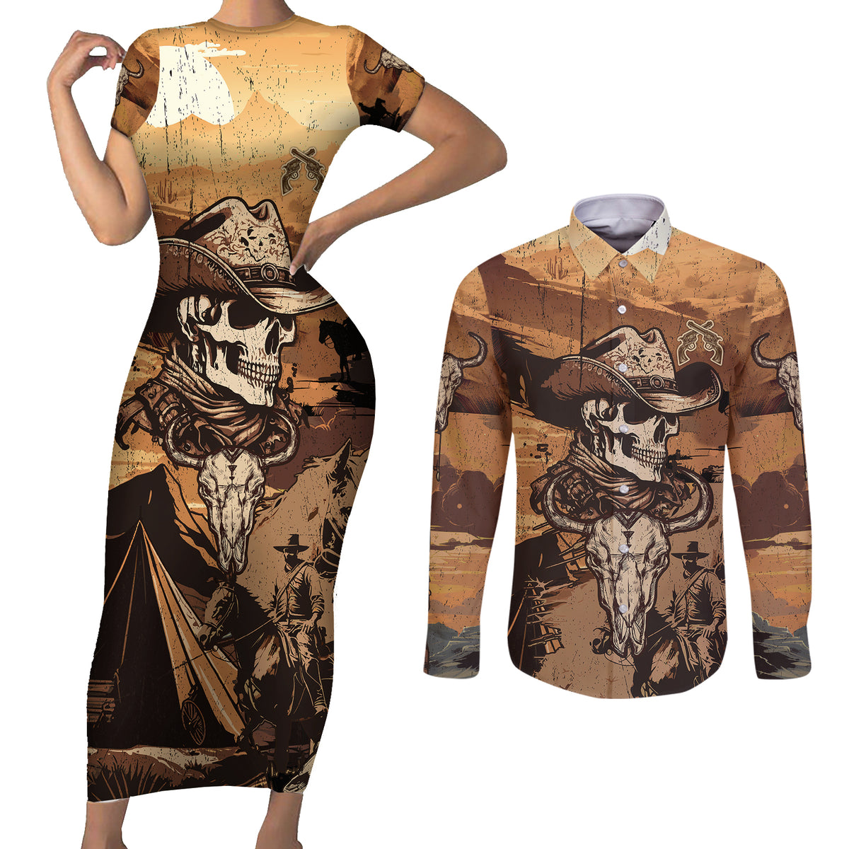 Skull Cowboy Couples Matching Short Sleeve Bodycon Dress and Long Sleeve Button Shirts Rise Em Cowboy - Wonder Print Shop
