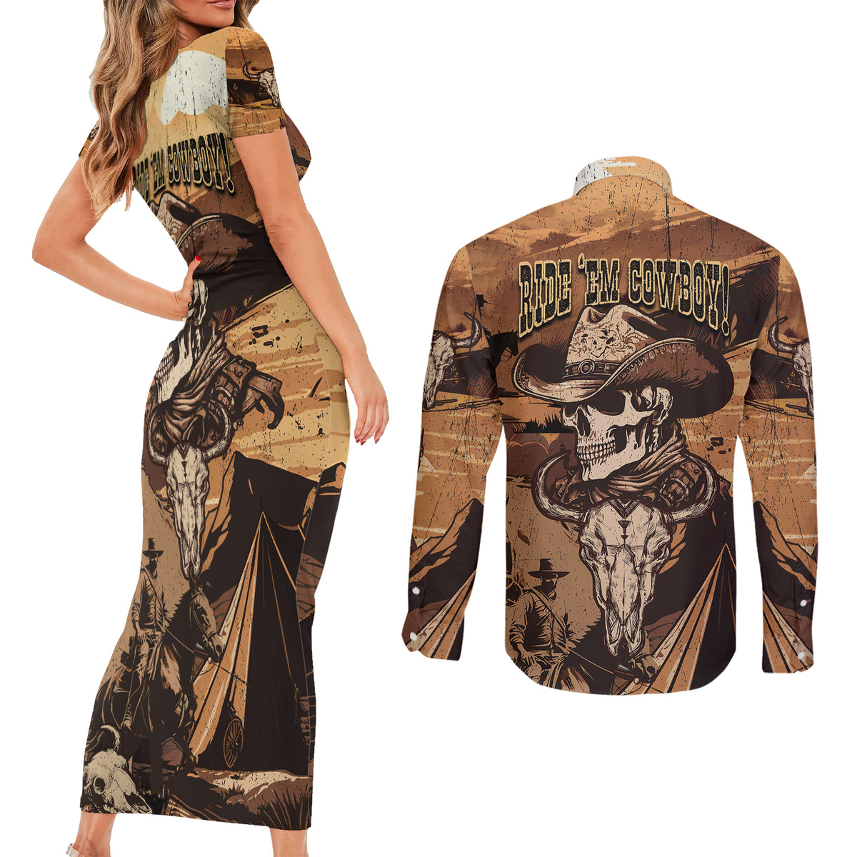 Skull Cowboy Couples Matching Short Sleeve Bodycon Dress and Long Sleeve Button Shirts Rise Em Cowboy - Wonder Print Shop