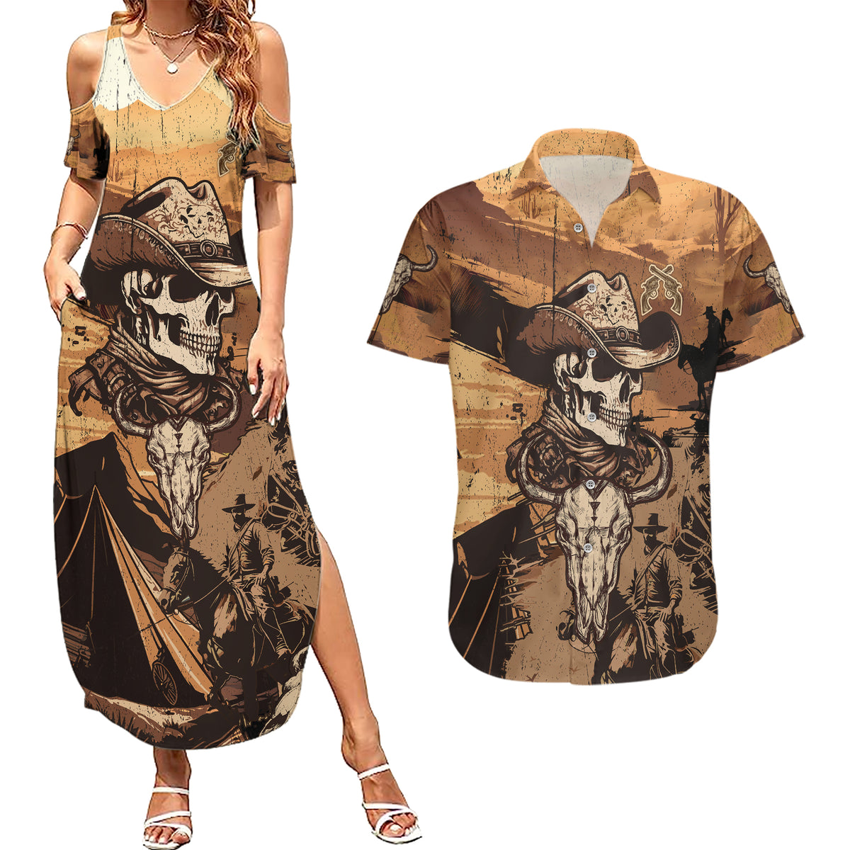 Skull Cowboy Couples Matching Summer Maxi Dress and Hawaiian Shirt Rise Em Cowboy - Wonder Print Shop