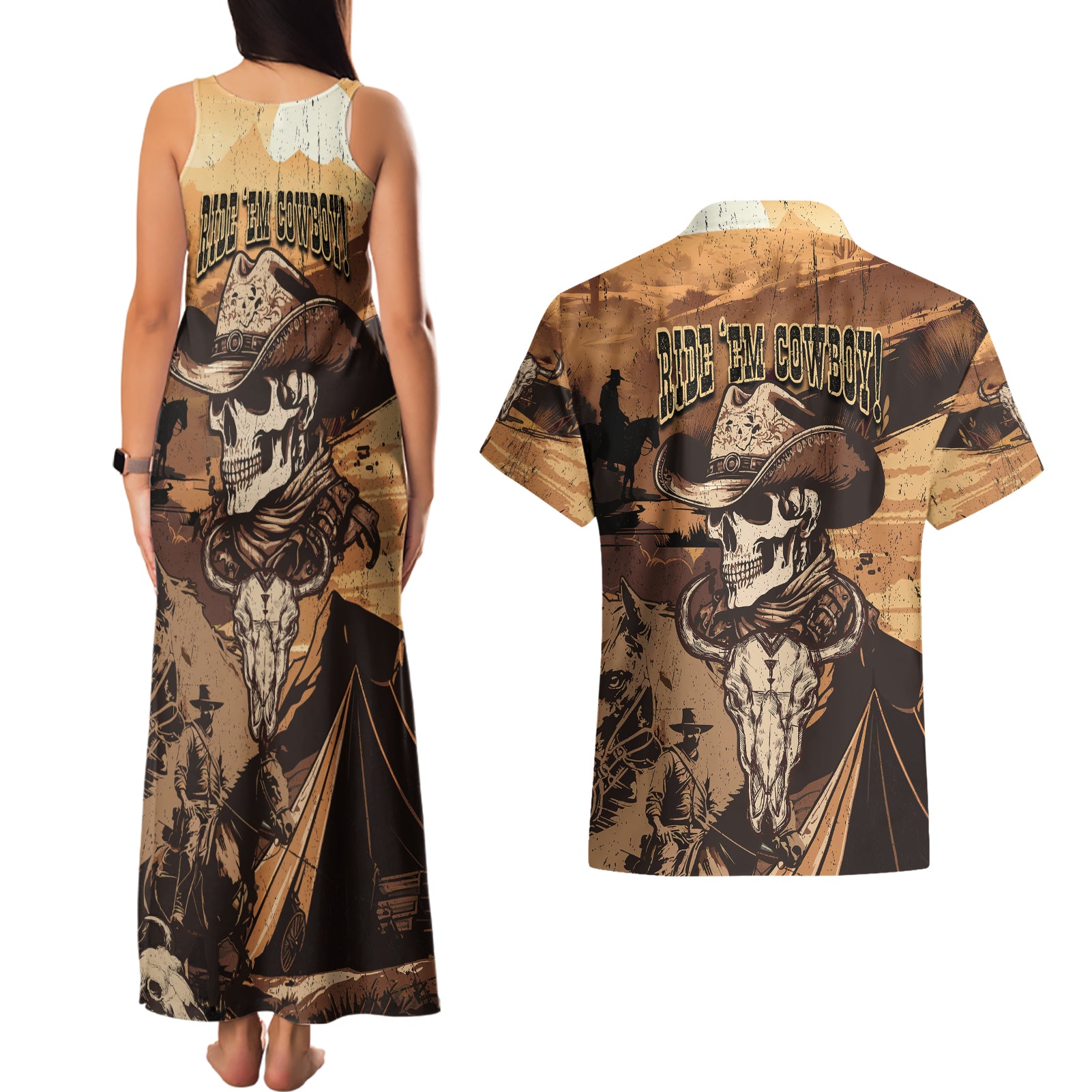 Skull Cowboy Couples Matching Tank Maxi Dress and Hawaiian Shirt Rise Em Cowboy - Wonder Print Shop
