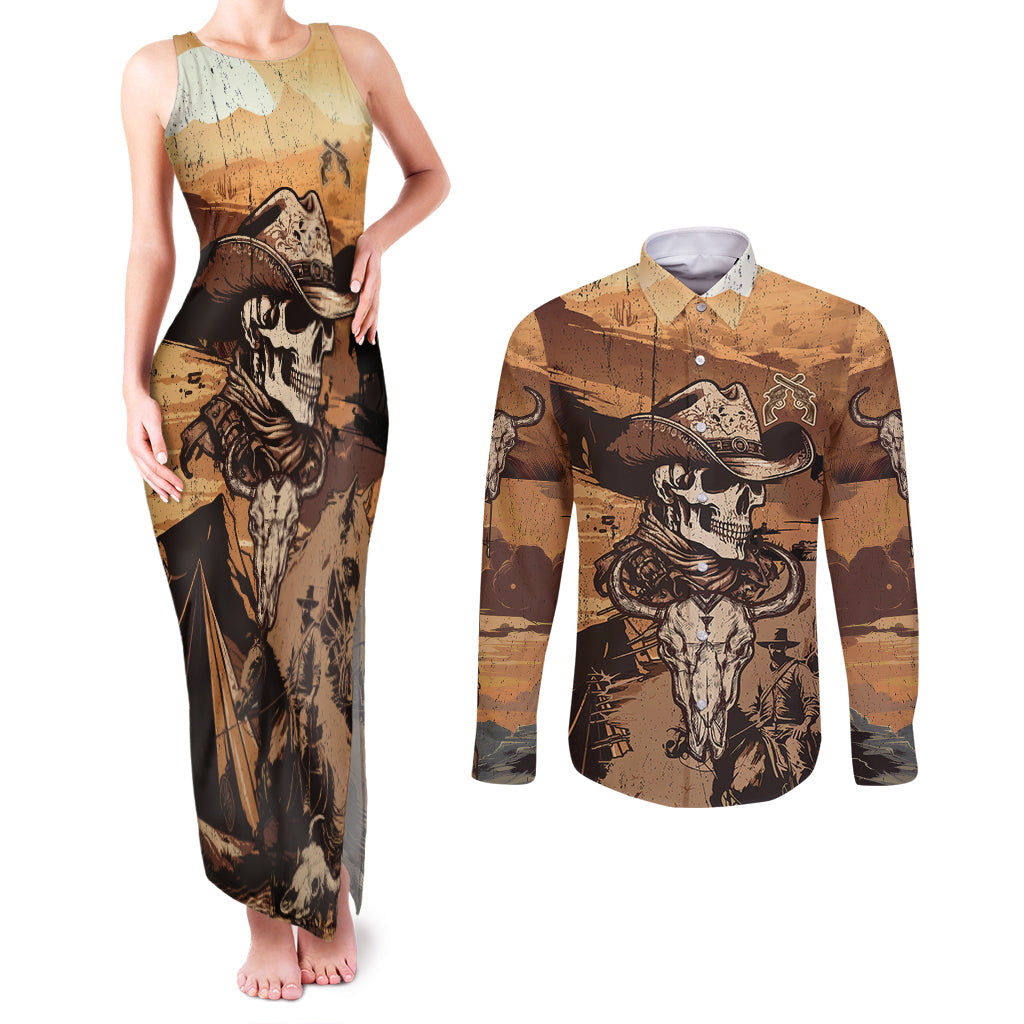 Skull Cowboy Couples Matching Tank Maxi Dress and Long Sleeve Button Shirts Rise Em Cowboy - Wonder Print Shop