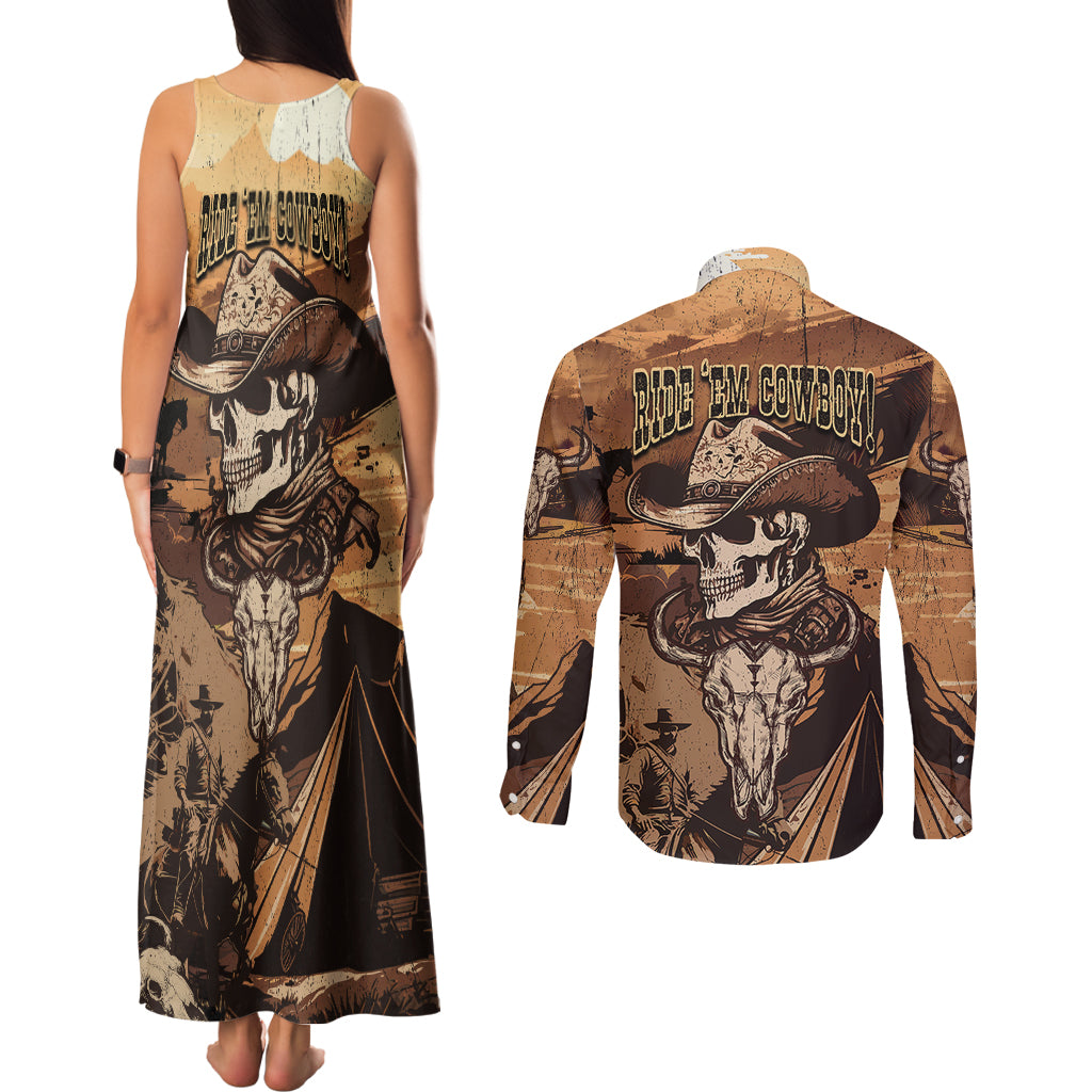 Skull Cowboy Couples Matching Tank Maxi Dress and Long Sleeve Button Shirts Rise Em Cowboy - Wonder Print Shop