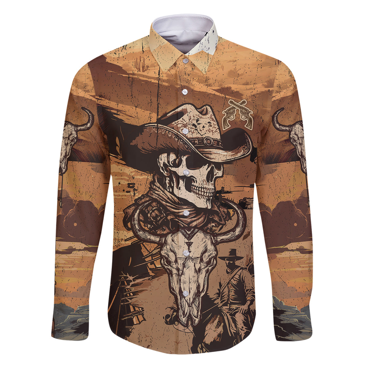 Skull Cowboy Family Matching Long Sleeve Bodycon Dress and Hawaiian Shirt Rise Em Cowboy - Wonder Print Shop