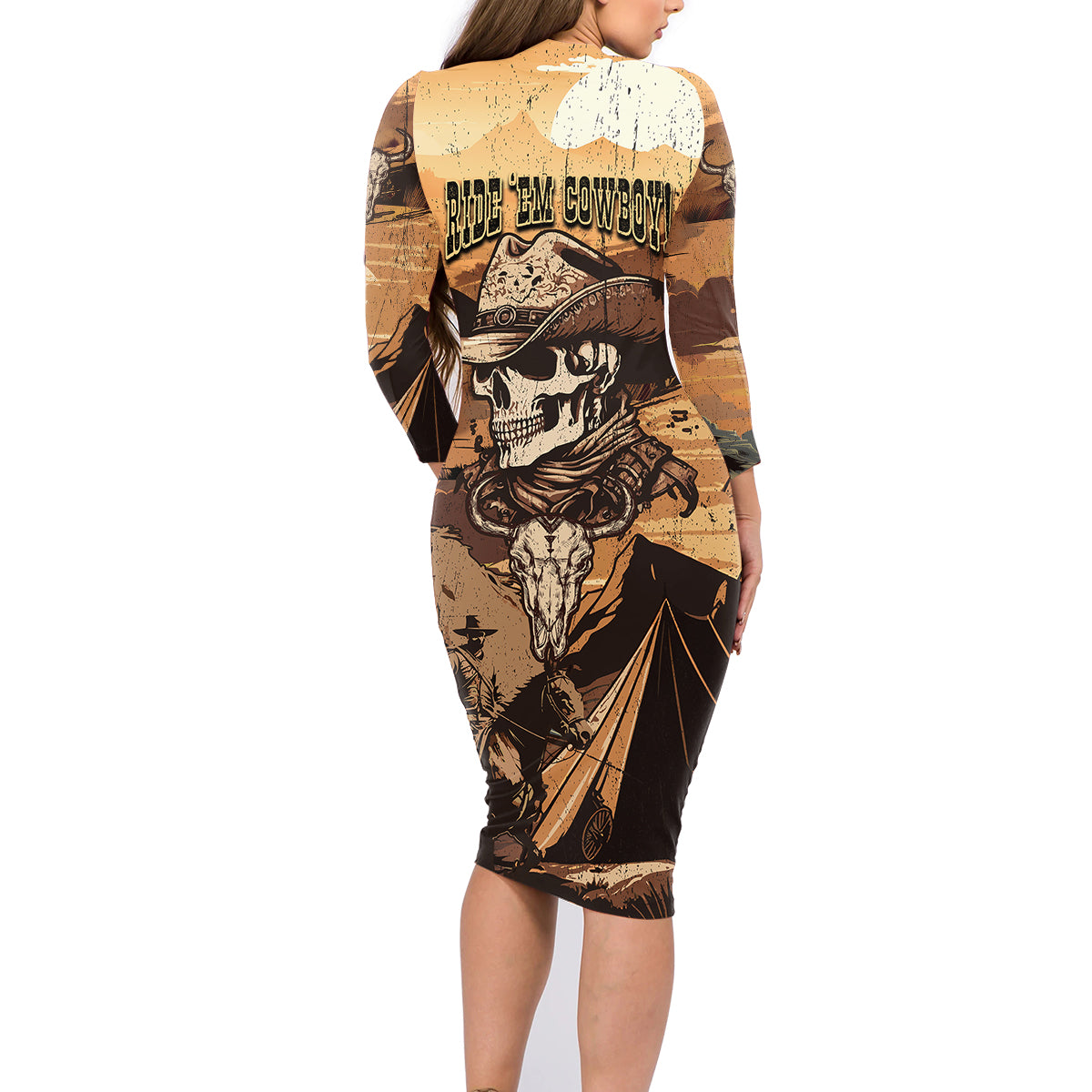 Skull Cowboy Family Matching Long Sleeve Bodycon Dress and Hawaiian Shirt Rise Em Cowboy - Wonder Print Shop