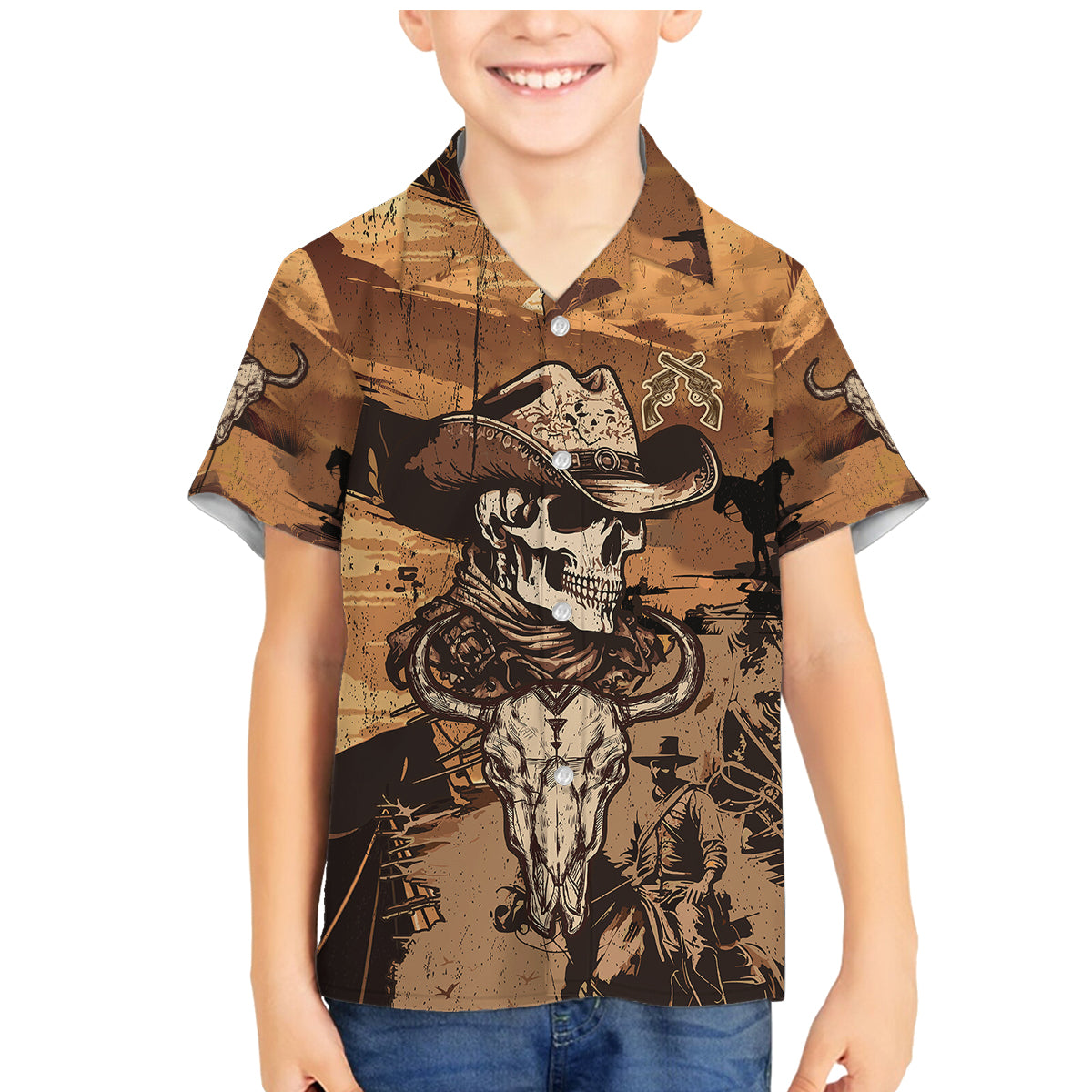 Skull Cowboy Family Matching Mermaid Dress and Hawaiian Shirt Rise Em Cowboy - Wonder Print Shop