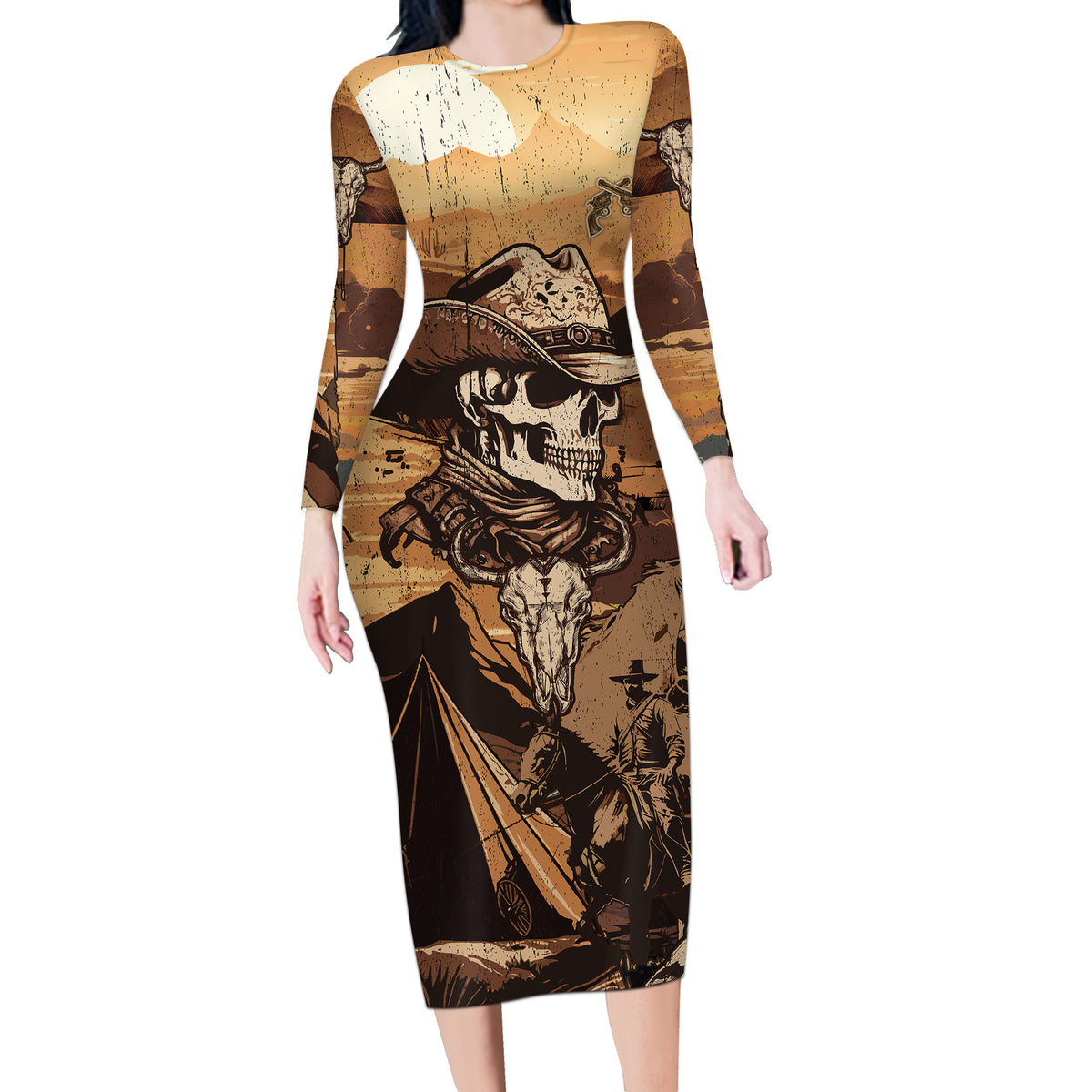 Skull Cowboy Long Sleeve Bodycon Dress Rise Em Cowboy - Wonder Print Shop