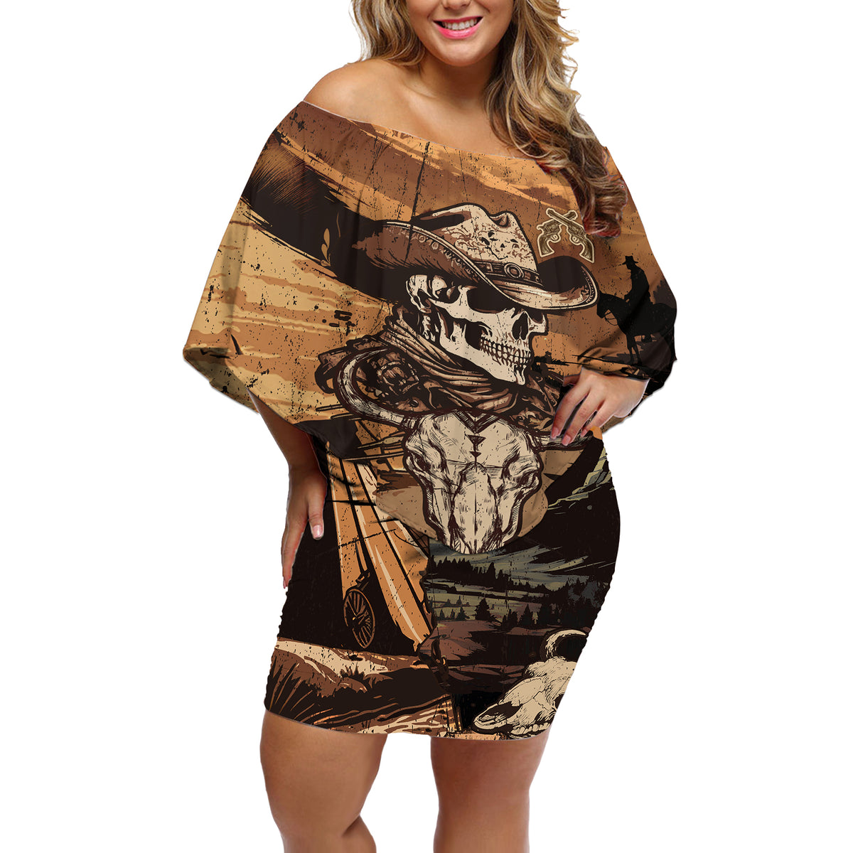 Skull Cowboy Off Shoulder Short Dress Rise Em Cowboy - Wonder Print Shop