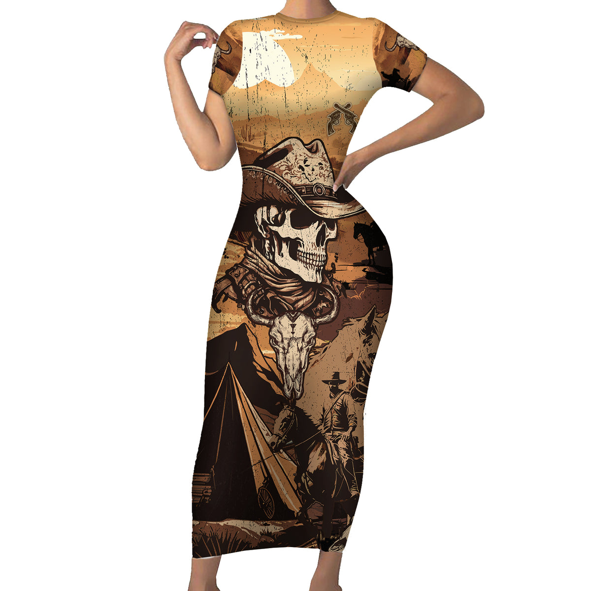Skull Cowboy Short Sleeve Bodycon Dress Rise Em Cowboy - Wonder Print Shop