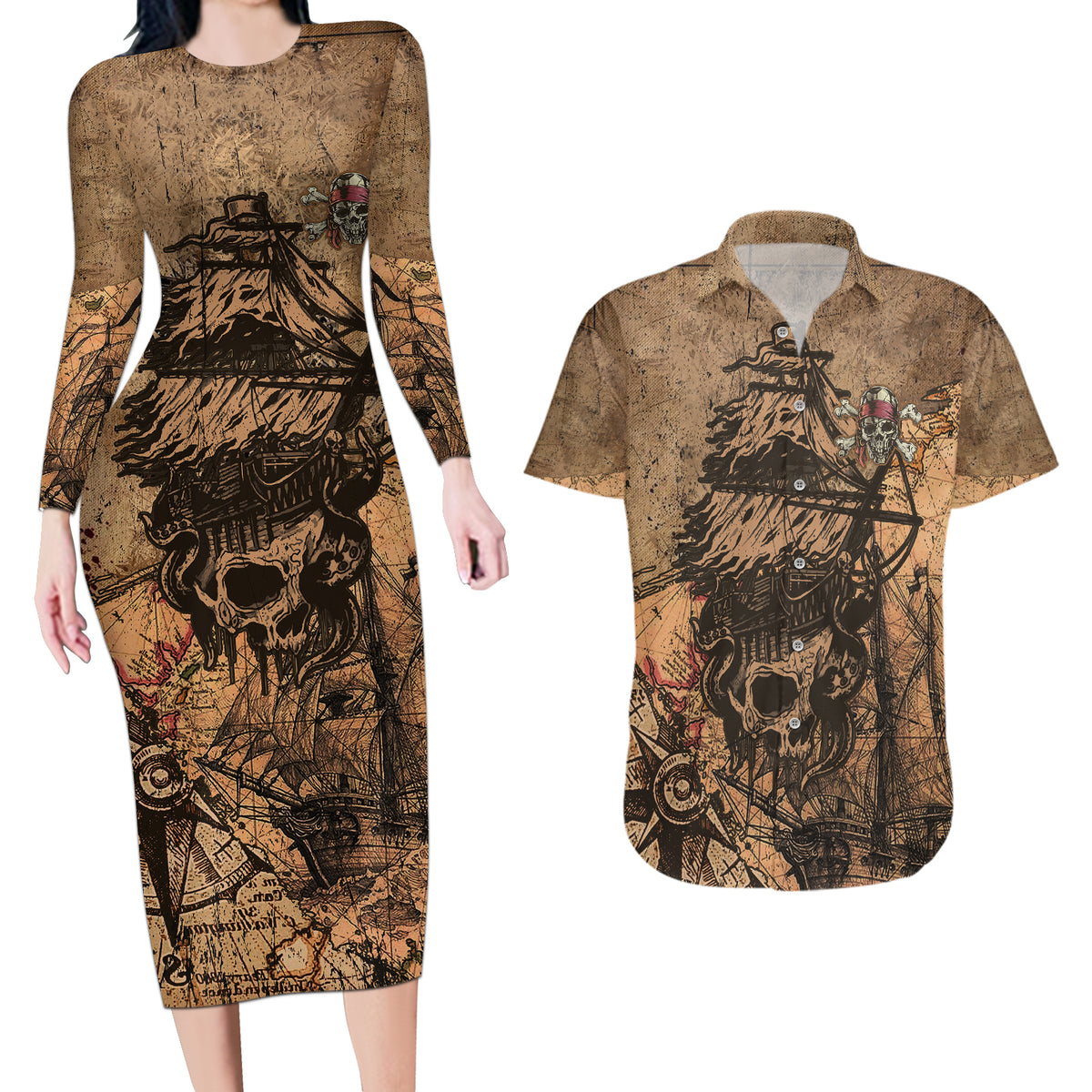 Skull Pirate Couples Matching Long Sleeve Bodycon Dress and Hawaiian Shirt Revenge Vintage Style Art - Wonder Print Shop