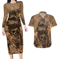 Skull Pirate Couples Matching Long Sleeve Bodycon Dress and Hawaiian Shirt Revenge Vintage Style Art - Wonder Print Shop