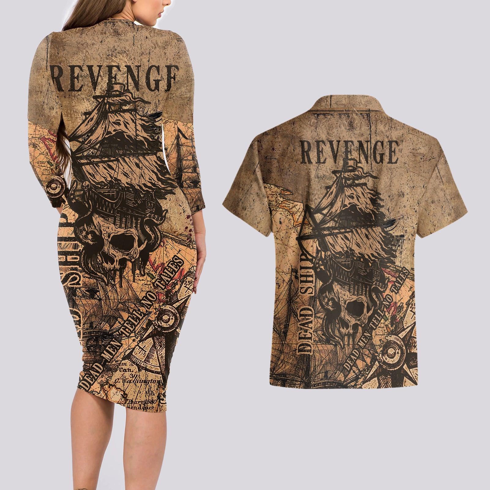 Skull Pirate Couples Matching Long Sleeve Bodycon Dress and Hawaiian Shirt Revenge Vintage Style Art - Wonder Print Shop