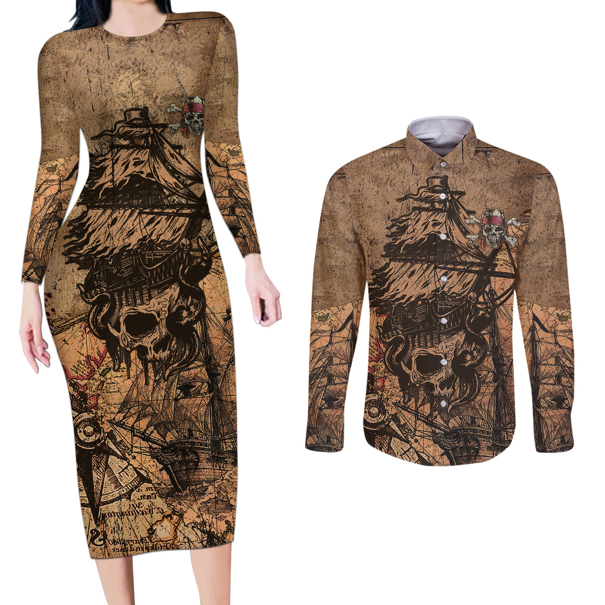 Skull Pirate Couples Matching Long Sleeve Bodycon Dress and Long Sleeve Button Shirts Revenge Vintage Style Art - Wonder Print Shop