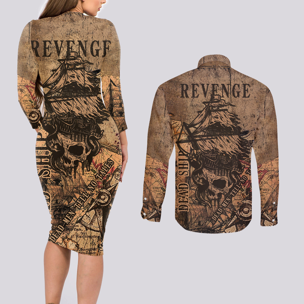 Skull Pirate Couples Matching Long Sleeve Bodycon Dress and Long Sleeve Button Shirts Revenge Vintage Style Art - Wonder Print Shop