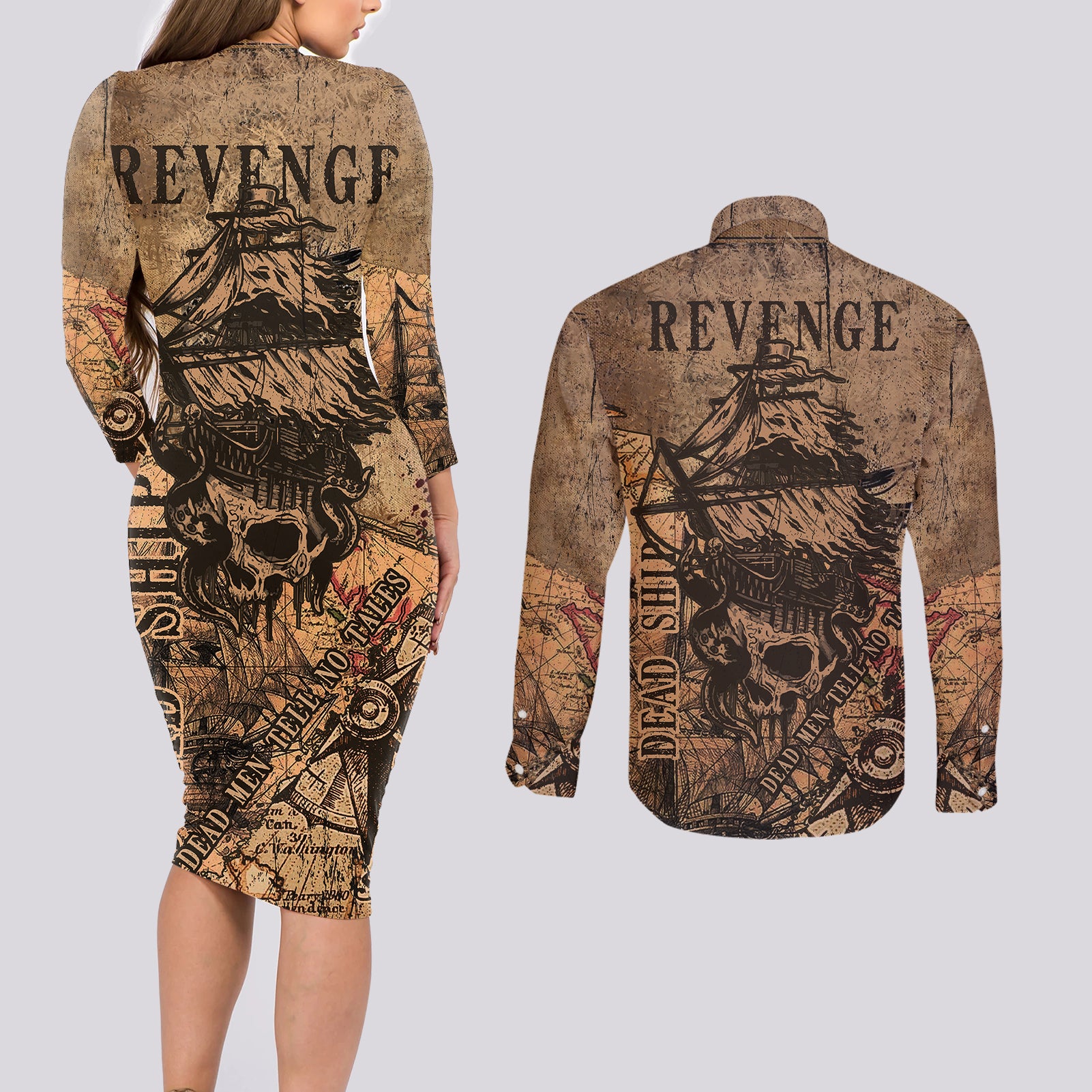 Skull Pirate Couples Matching Long Sleeve Bodycon Dress and Long Sleeve Button Shirts Revenge Vintage Style Art - Wonder Print Shop