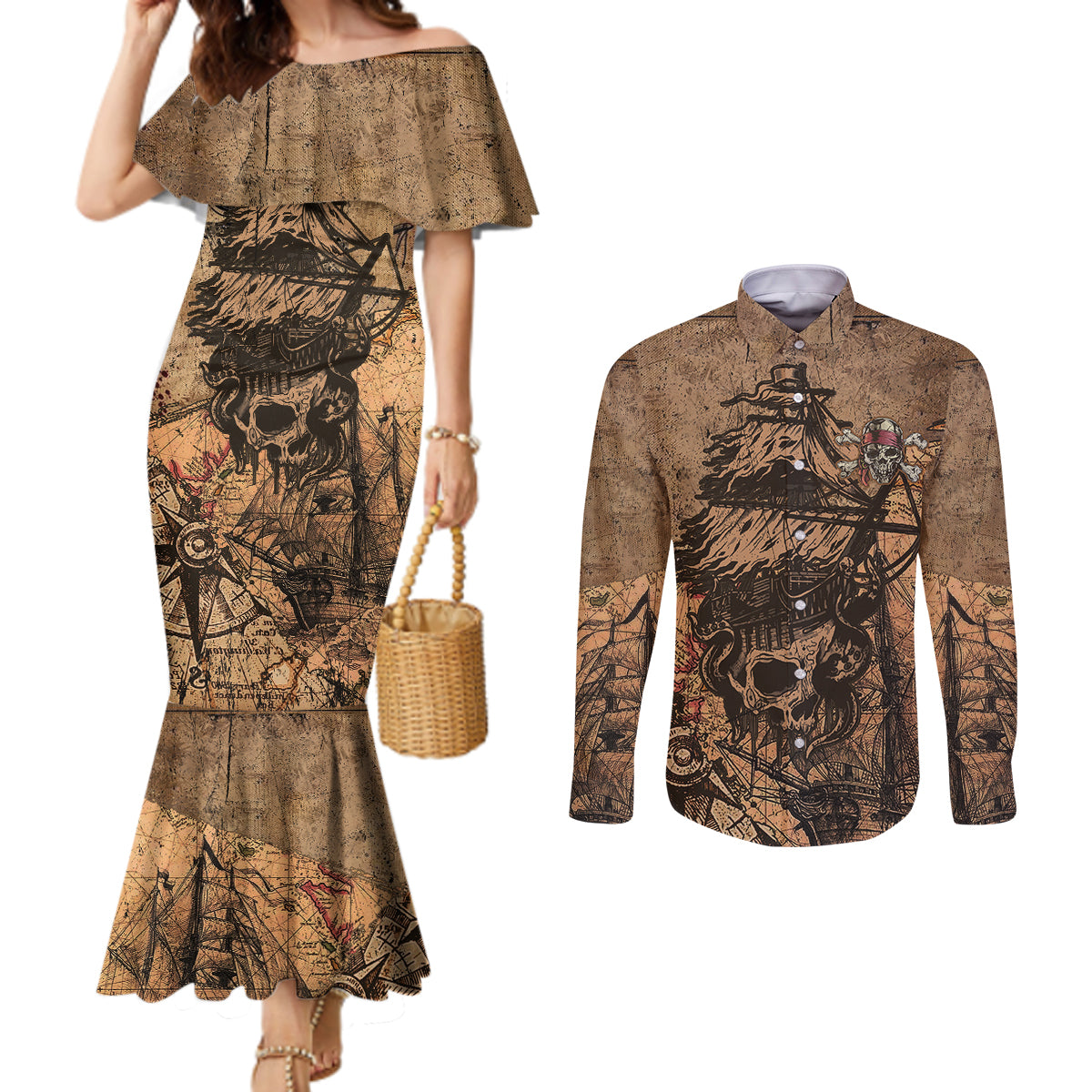 skull-pirate-couples-matching-mermaid-dress-and-long-sleeve-button-shirts-revenge-vintage-style-art