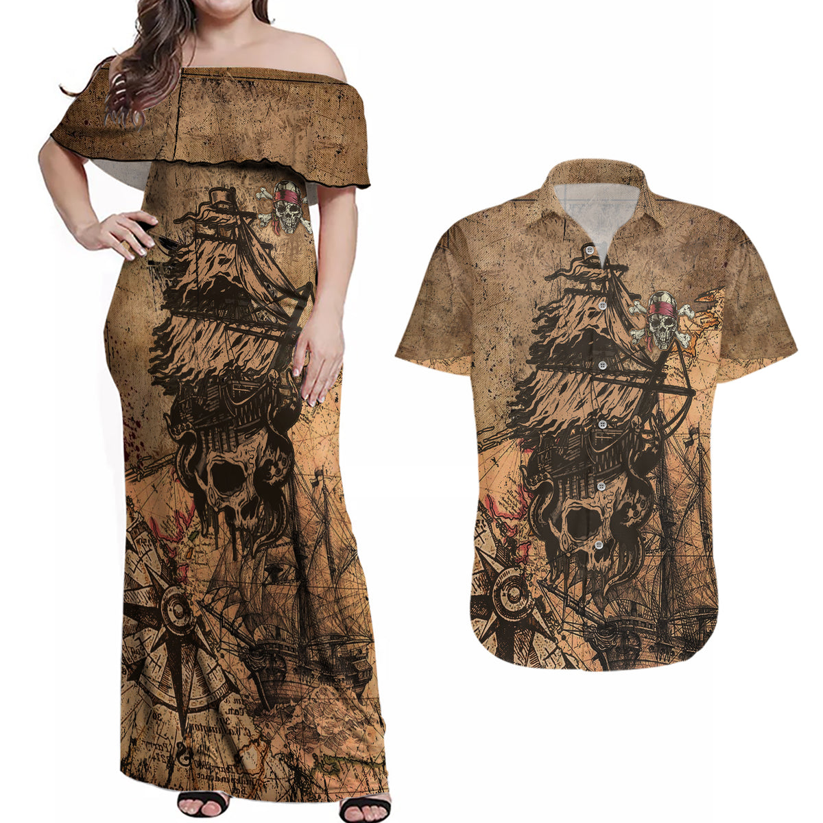 Skull Pirate Couples Matching Off Shoulder Maxi Dress and Hawaiian Shirt Revenge Vintage Style Art - Wonder Print Shop