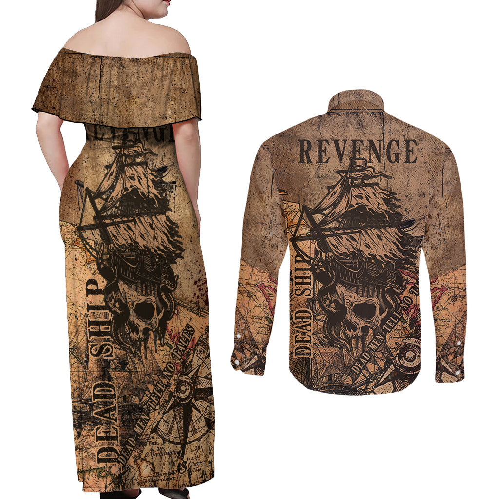 Skull Pirate Couples Matching Off Shoulder Maxi Dress and Long Sleeve Button Shirts Revenge Vintage Style Art - Wonder Print Shop
