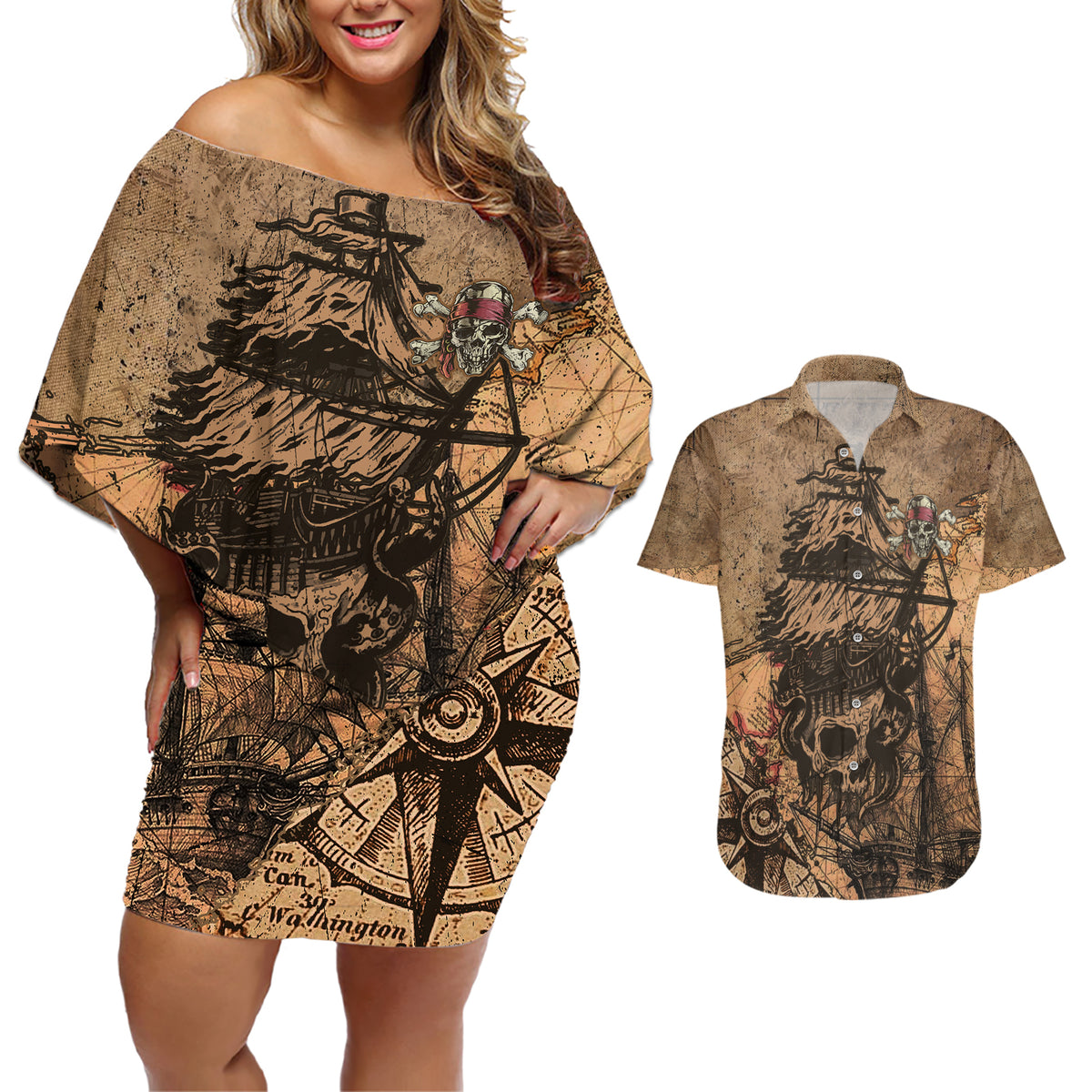 Skull Pirate Couples Matching Off Shoulder Short Dress and Hawaiian Shirt Revenge Vintage Style Art - Wonder Print Shop