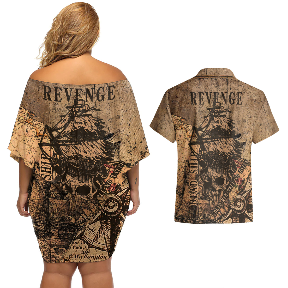 Skull Pirate Couples Matching Off Shoulder Short Dress and Hawaiian Shirt Revenge Vintage Style Art - Wonder Print Shop