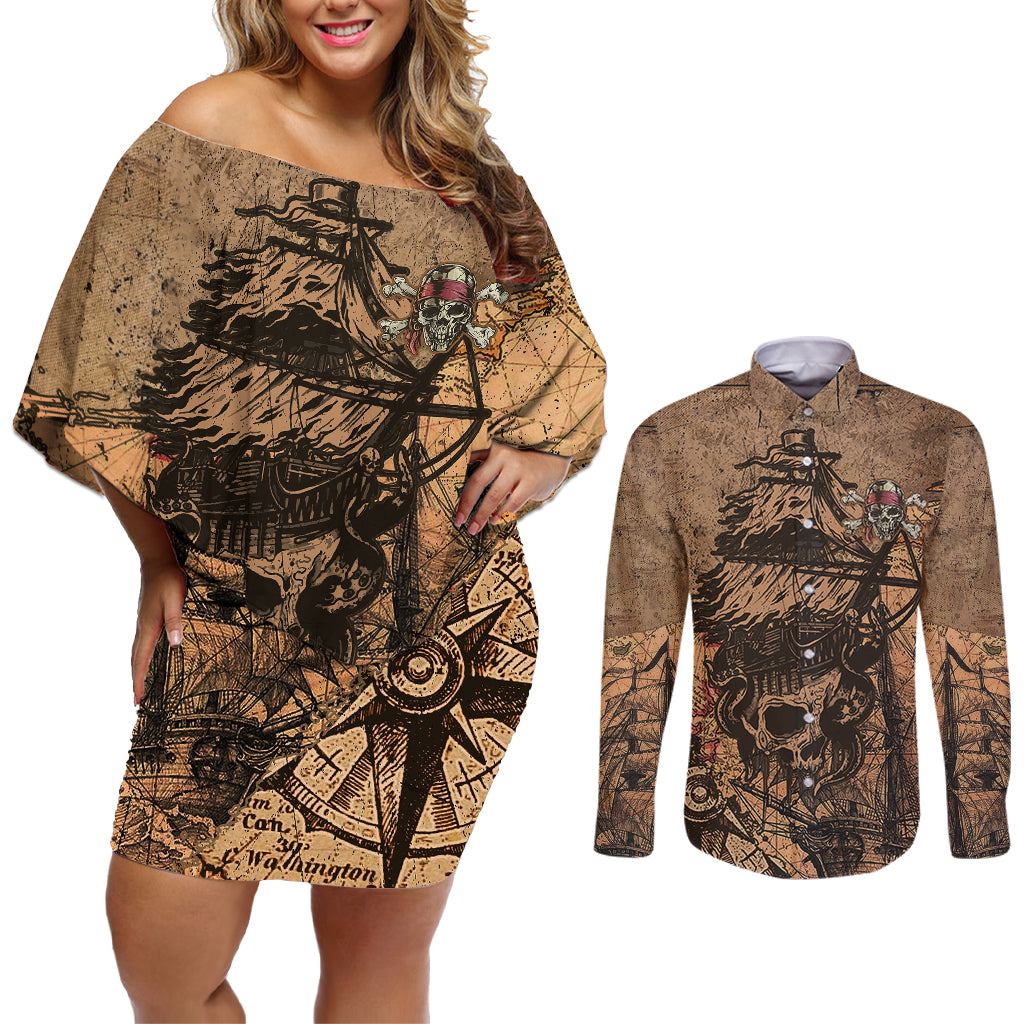 Skull Pirate Couples Matching Off Shoulder Short Dress and Long Sleeve Button Shirts Revenge Vintage Style Art - Wonder Print Shop