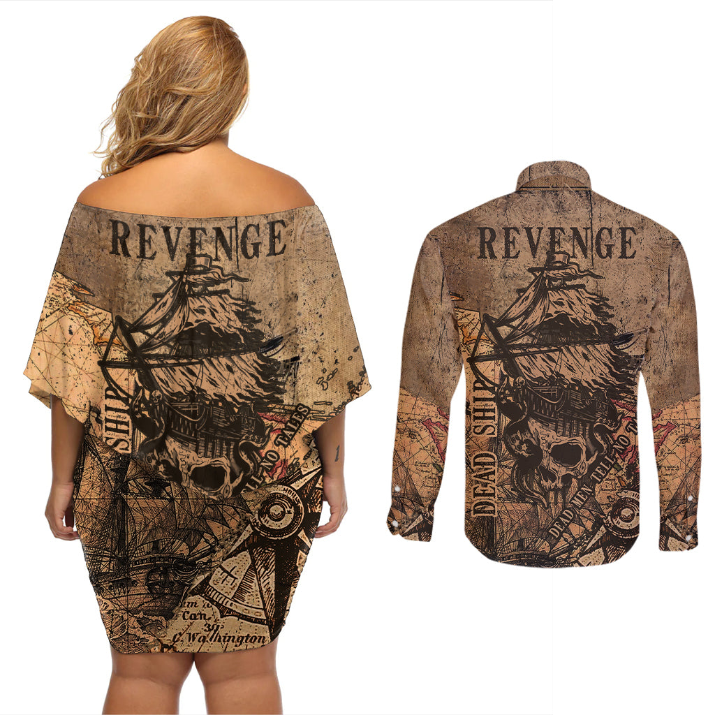 Skull Pirate Couples Matching Off Shoulder Short Dress and Long Sleeve Button Shirts Revenge Vintage Style Art - Wonder Print Shop