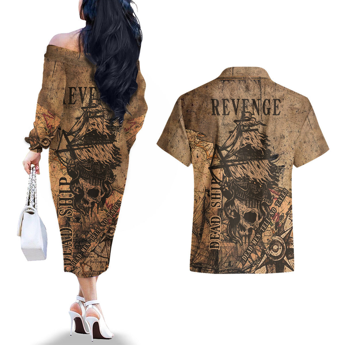 Skull Pirate Couples Matching Off The Shoulder Long Sleeve Dress and Hawaiian Shirt Revenge Vintage Style Art - Wonder Print Shop