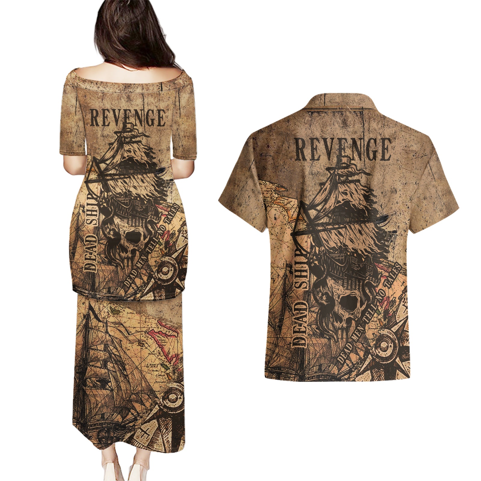 Skull Pirate Couples Matching Puletasi Dress and Hawaiian Shirt Revenge Vintage Style Art - Wonder Print Shop