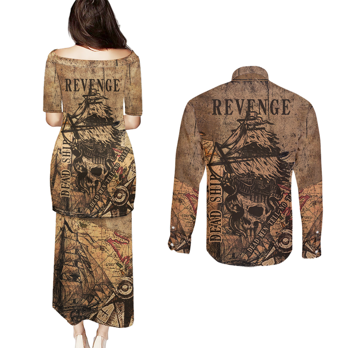Skull Pirate Couples Matching Puletasi Dress and Long Sleeve Button Shirts Revenge Vintage Style Art - Wonder Print Shop
