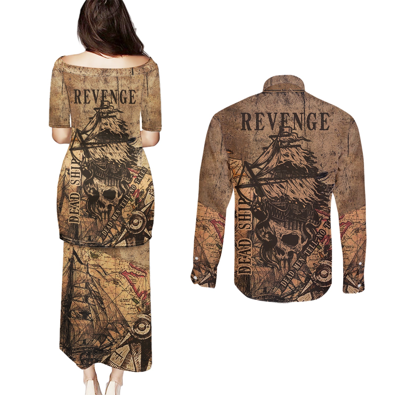 Skull Pirate Couples Matching Puletasi Dress and Long Sleeve Button Shirts Revenge Vintage Style Art - Wonder Print Shop