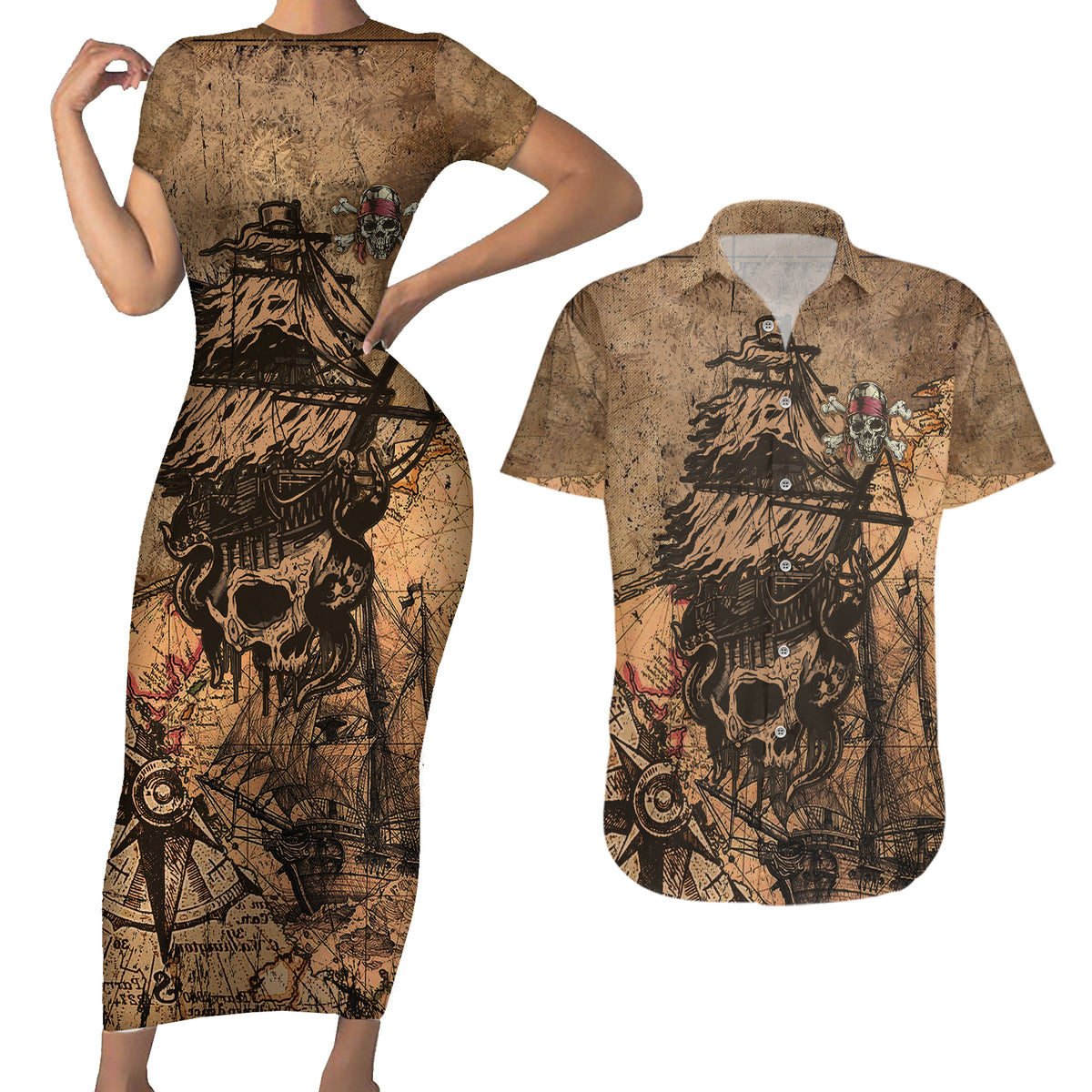 Skull Pirate Couples Matching Short Sleeve Bodycon Dress and Hawaiian Shirt Revenge Vintage Style Art - Wonder Print Shop