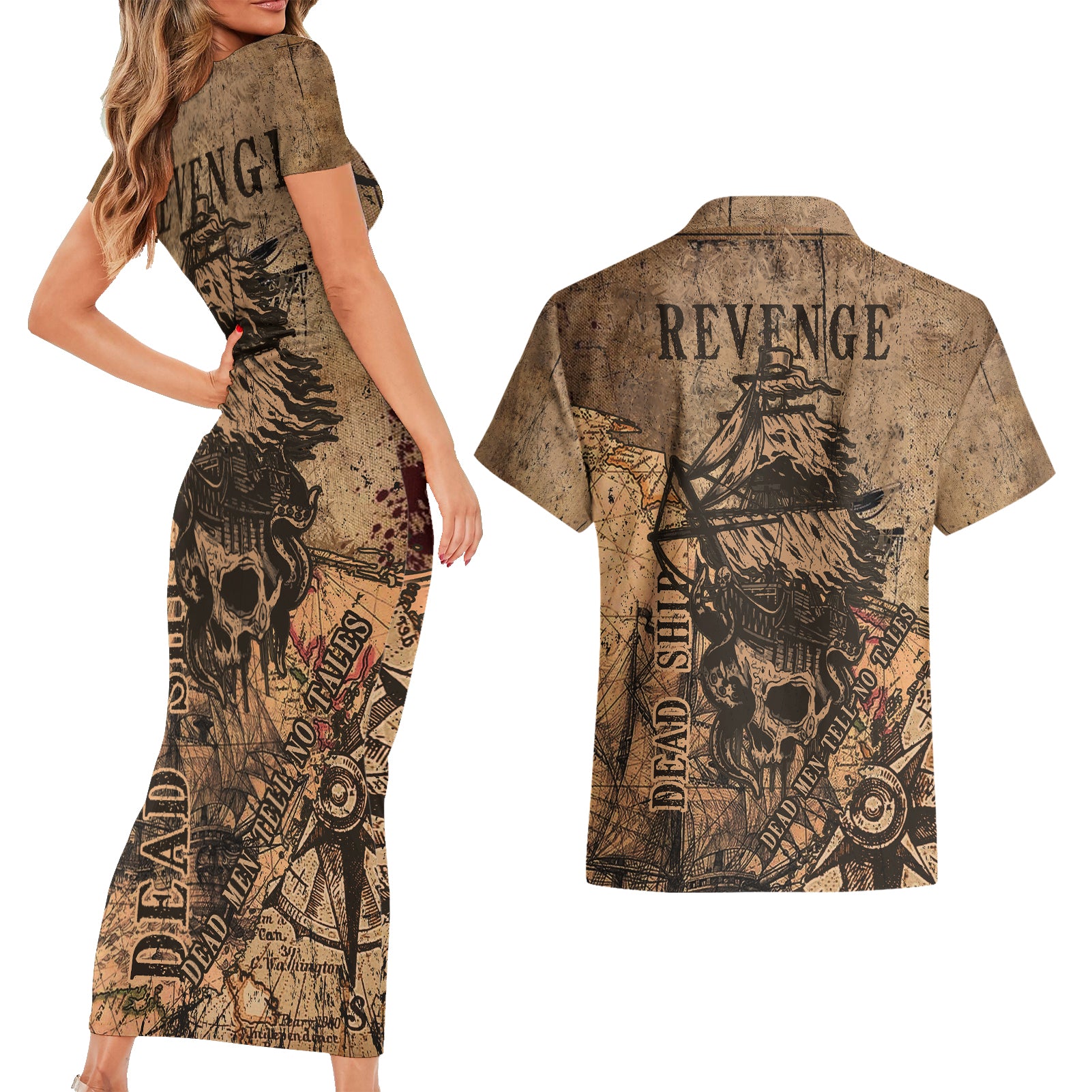 Skull Pirate Couples Matching Short Sleeve Bodycon Dress and Hawaiian Shirt Revenge Vintage Style Art - Wonder Print Shop