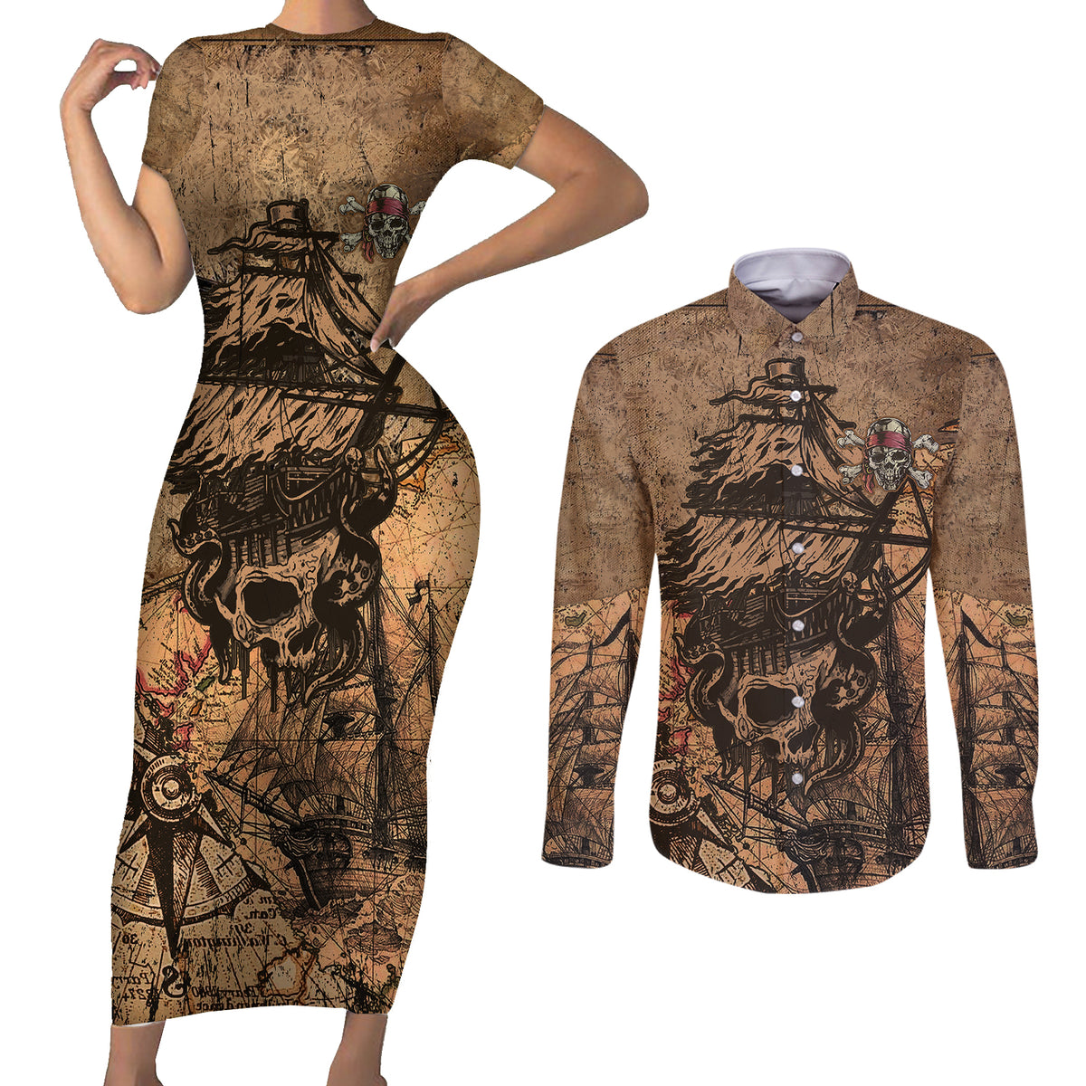 Skull Pirate Couples Matching Short Sleeve Bodycon Dress and Long Sleeve Button Shirts Revenge Vintage Style Art - Wonder Print Shop