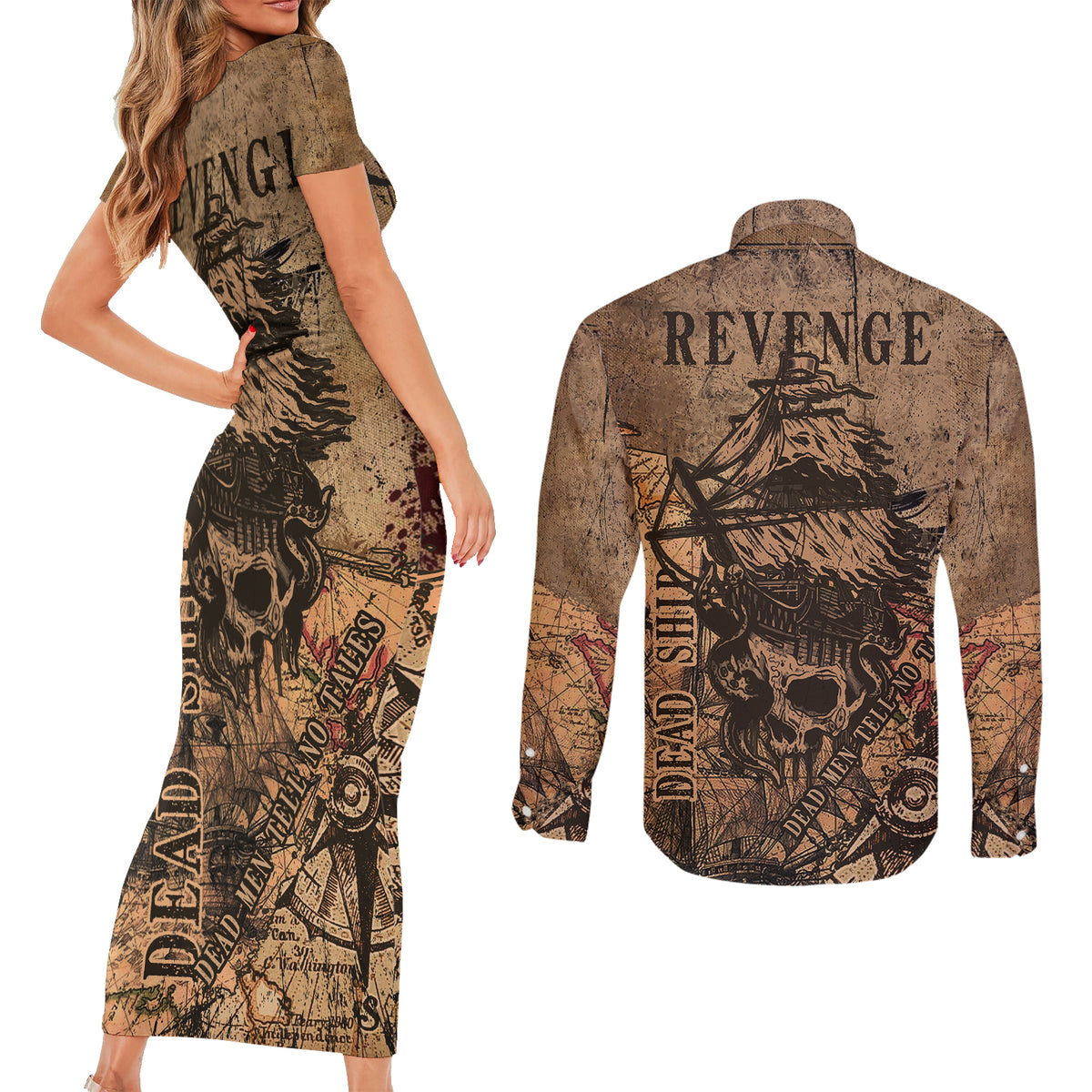 Skull Pirate Couples Matching Short Sleeve Bodycon Dress and Long Sleeve Button Shirts Revenge Vintage Style Art - Wonder Print Shop