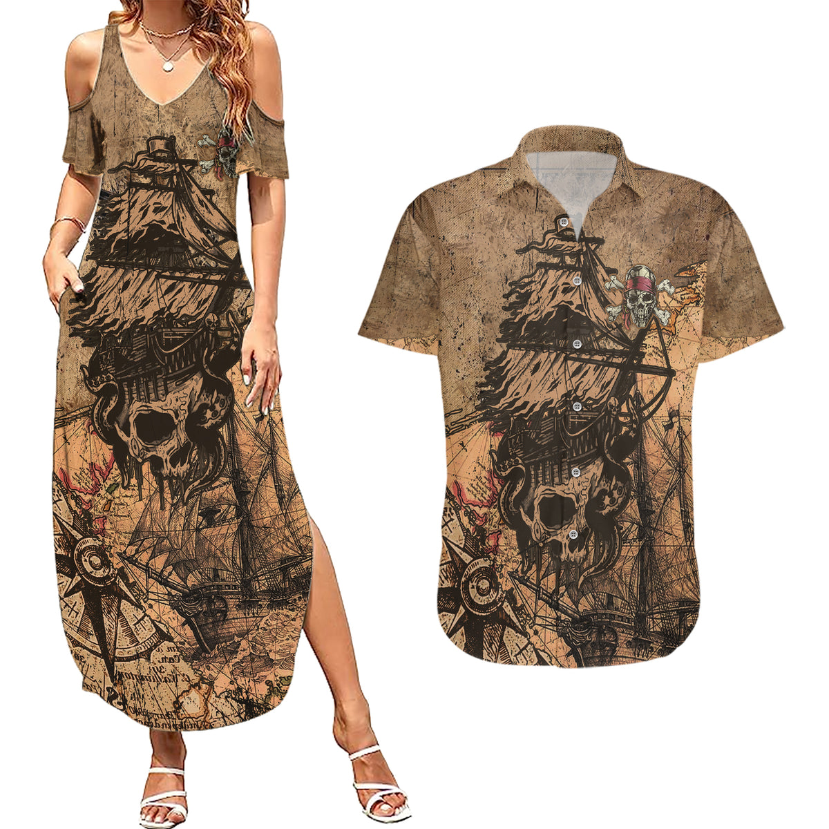 Skull Pirate Couples Matching Summer Maxi Dress and Hawaiian Shirt Revenge Vintage Style Art - Wonder Print Shop